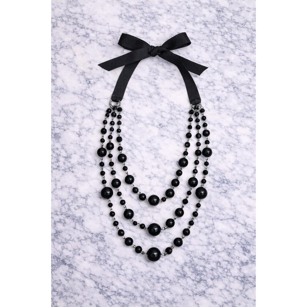 Talbots Black Beaded Ribbon‑Tie Necklace – Faceted Beads | 11”+ Drop - Picture 3 of 3